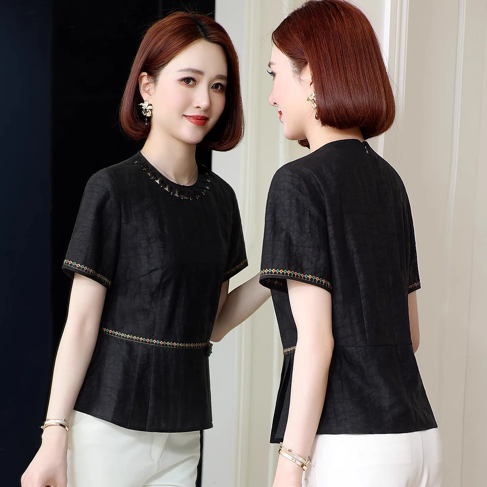 高级感龟纹香云纱真丝绣花衬衫女2025夏装新款气质阔太太洋气上衣