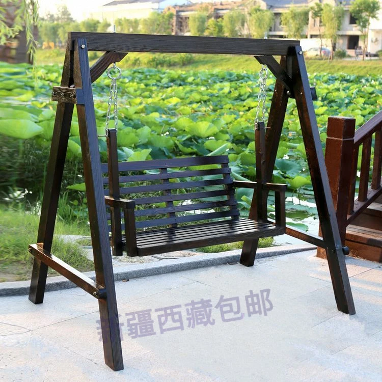 新疆包邮实木户外秋千室内双人成人庭院防腐原木阳台吊椅室外网红