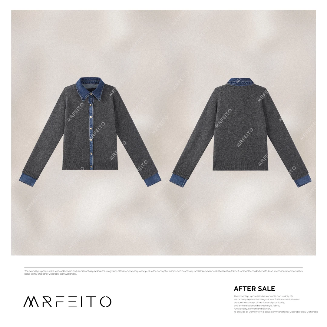 MRFEITO【都市经典】时尚牛仔拼接翻领女士针织衫H1122M01D30477