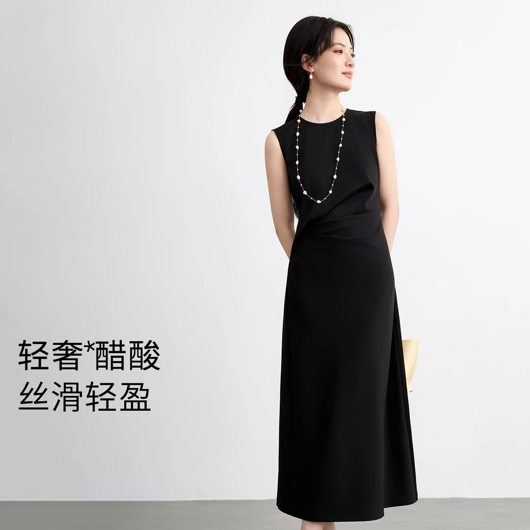 伊芙丽圆领解构打褶设计长款醋酸无袖连衣裙夏季小黑裙