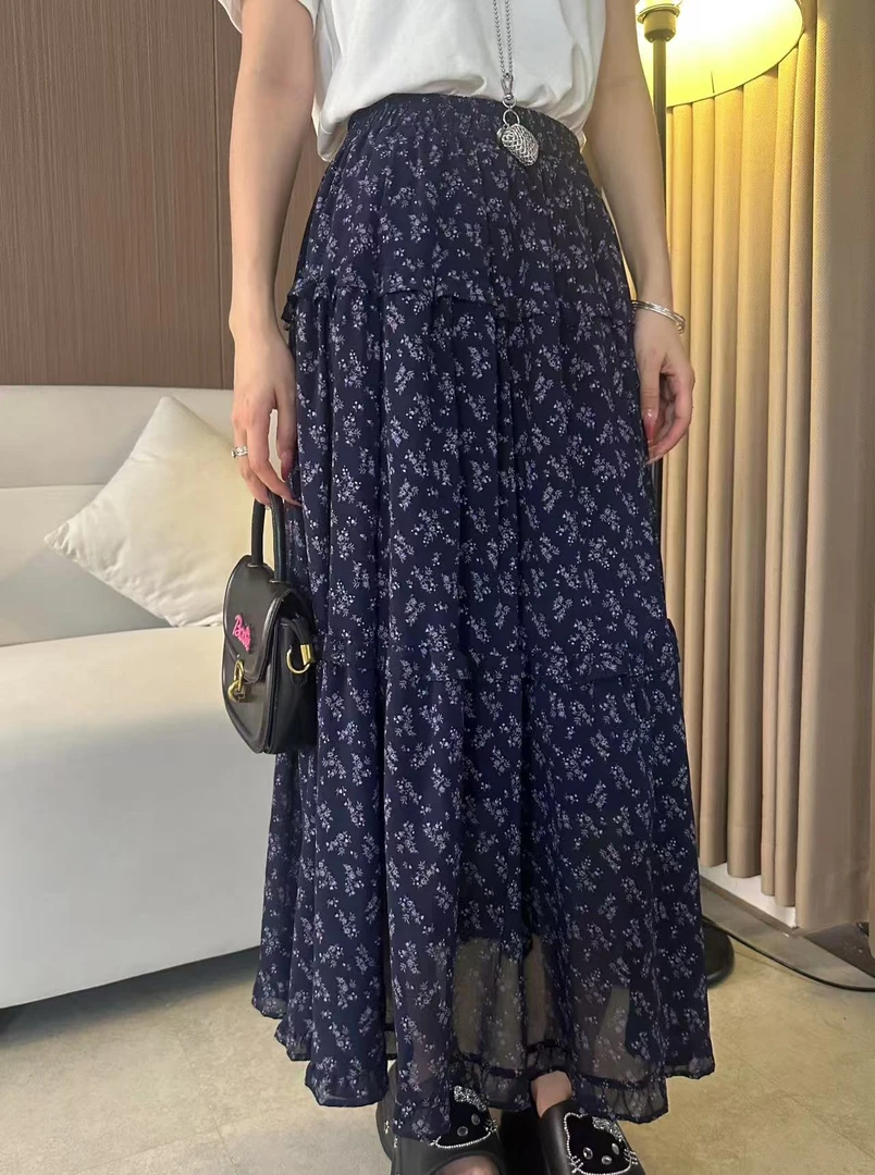 夏季新款复古森系小碎花雪纺半身裙新款中长款高腰遮胯A字伞裙