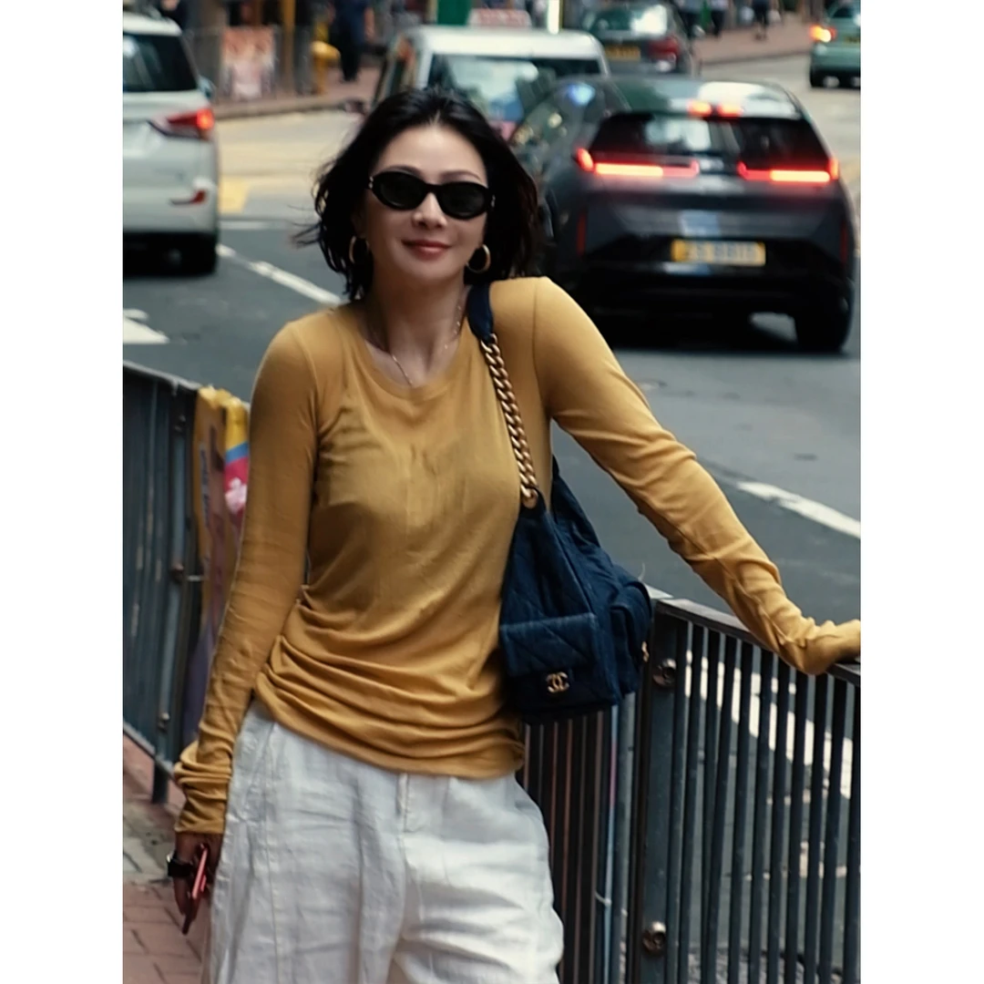 SHIIEELL圆领纯棉长袖女新款洋气百搭老钱风女装休闲T恤Z5030