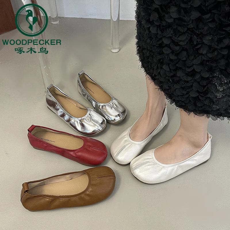啄木鸟复古银色平底奶奶鞋女2025新款软底分趾单鞋一脚蹬芭蕾舞鞋