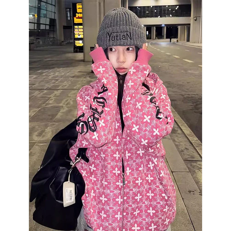 哥特风字母满印连帽卫衣女加绒加厚秋冬季设计感宽松开衫拉链外套