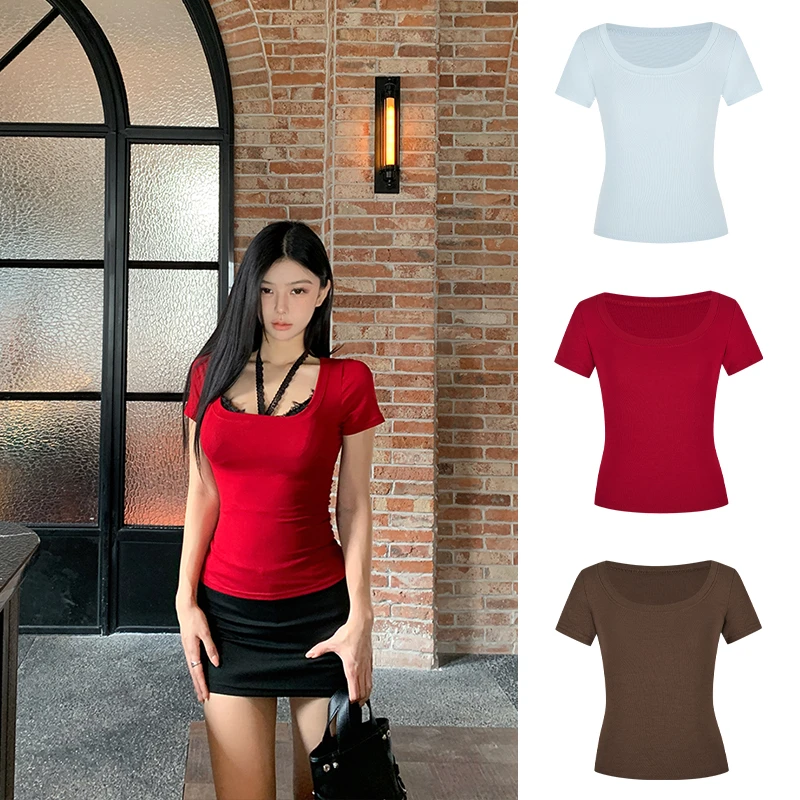 Moses Queen/魔西女王欧若风方领短袖正肩掐腰t恤女U领内搭打底衫