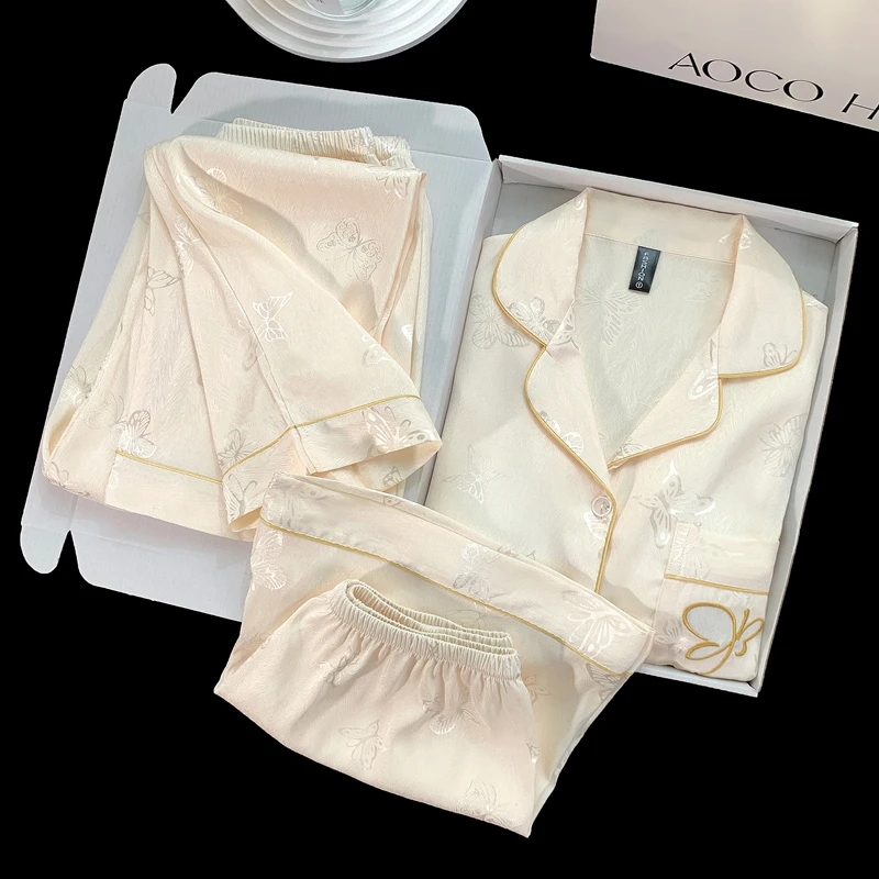 直播爆款夏季带胸垫短袖冰雪丝睡衣女薄款冰丝三件套女家居服套装