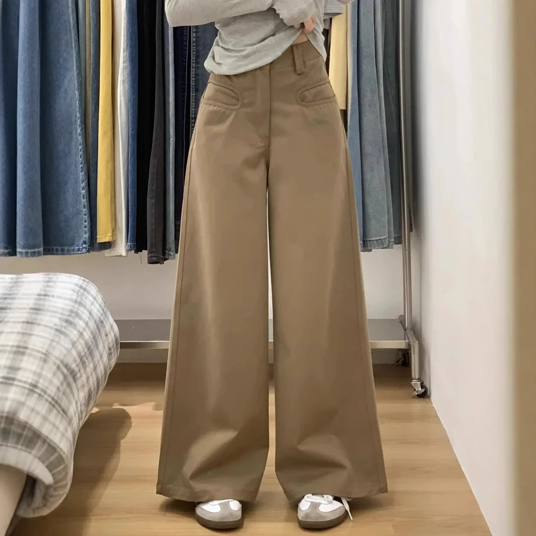 2025阔腿裤休闲裤高腰宽松长裤显瘦时尚百搭卡其色牛仔裤女小2025