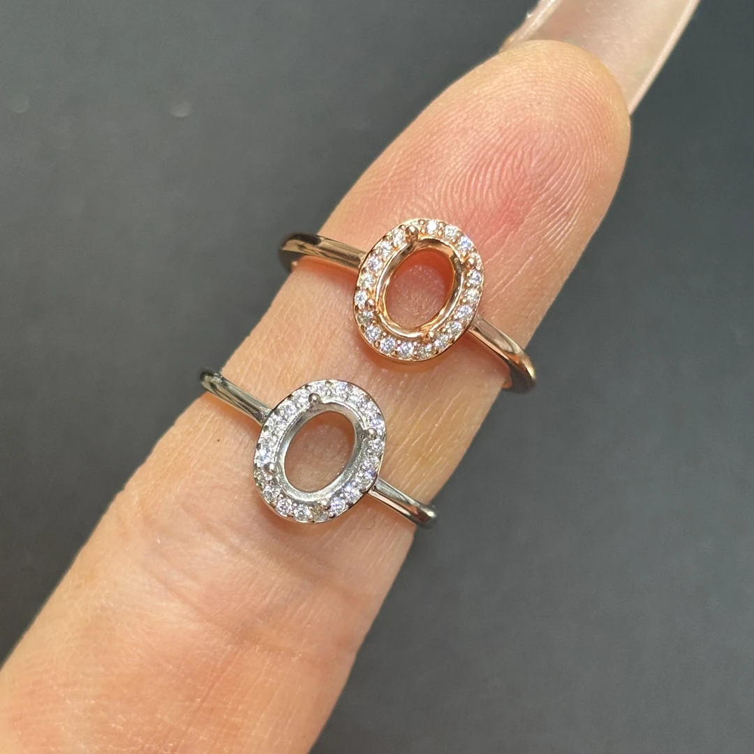 925银锆石戒指 925银戒指空托椭圆形5*7mm精致时尚活口经典围锆石