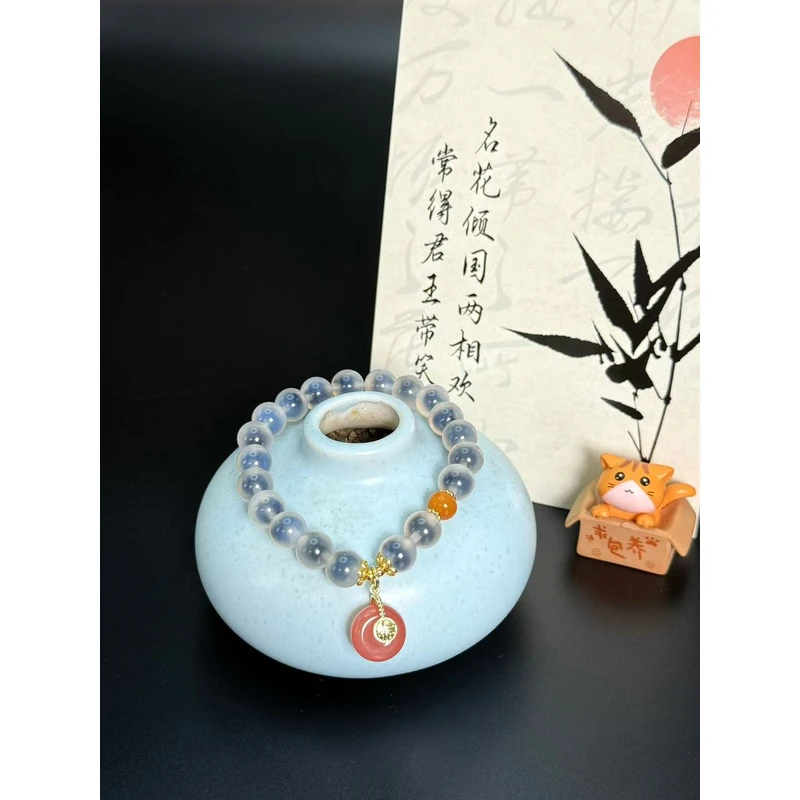蓝糖心玛瑙女士百搭蓝糖果色系盐源玛瑙吊坠蜜蜡款手串9500