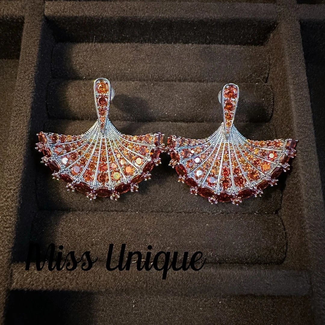 B1858橘色裙摆扇子耳环