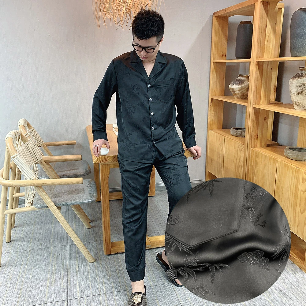 大码印花小树叶轻薄睡衣套装夏季男士丝滑高品质可外穿家居服男款