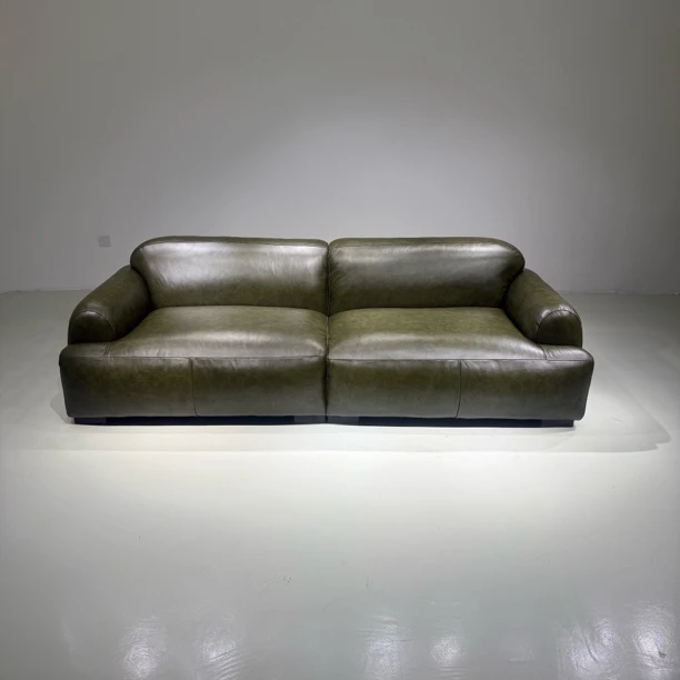 中古风军绿色油蜡皮面包沙发 现代极简中古油蜡皮