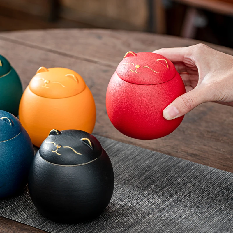 创意便携式小号茶叶密封罐招财猫储物罐陶瓷摆件伴手礼礼盒装267