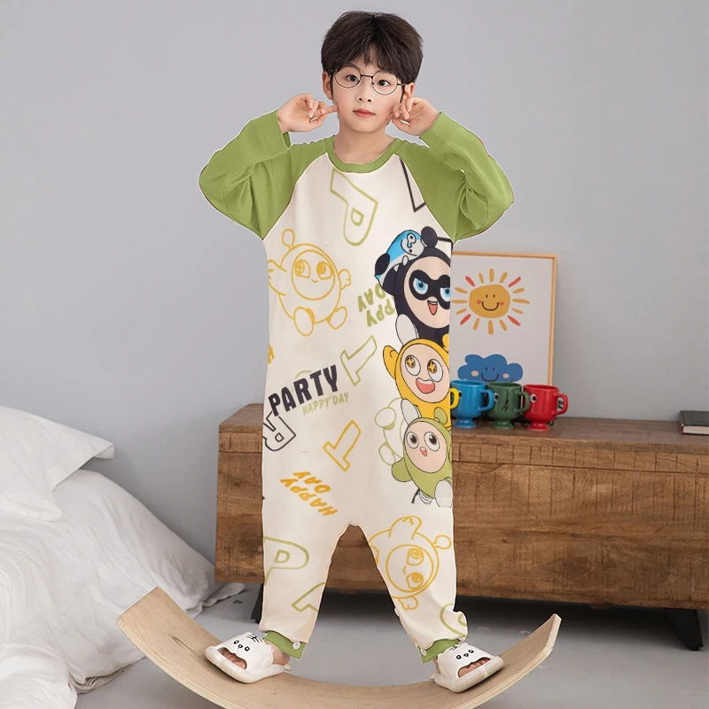 儿童春秋季纯棉连体衣男童睡衣长袖薄款卡通男孩中大童宝宝家居服