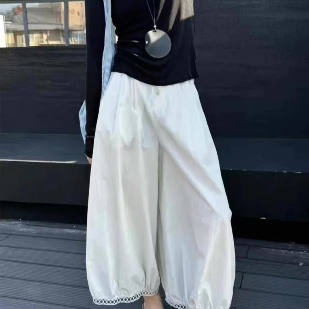 镂空阔腿休闲裤夏季2025宽松新款休闲九分灯笼裤薄款蕾丝花边设计