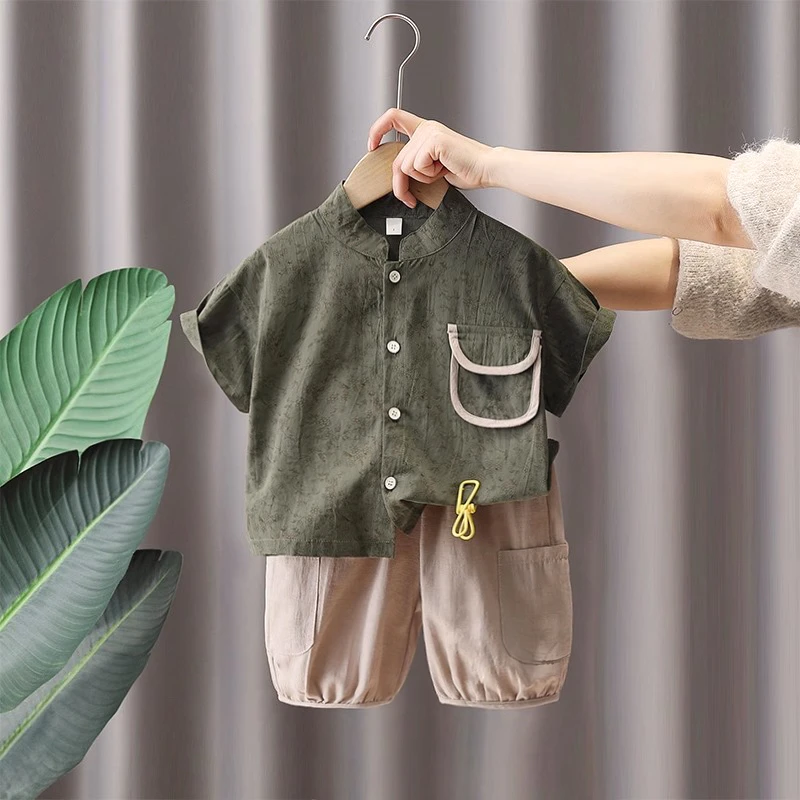 儿童棉麻套装洋气夏款短袖碎花衬衫痞帅男童夏季薄款透气两件套夏