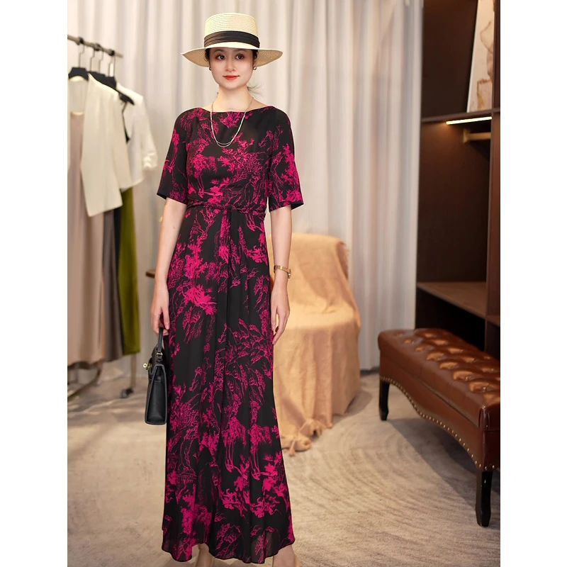 清仓！2025夏季新款圆领印花连衣裙长款系带收腰显瘦中袖长裙女
