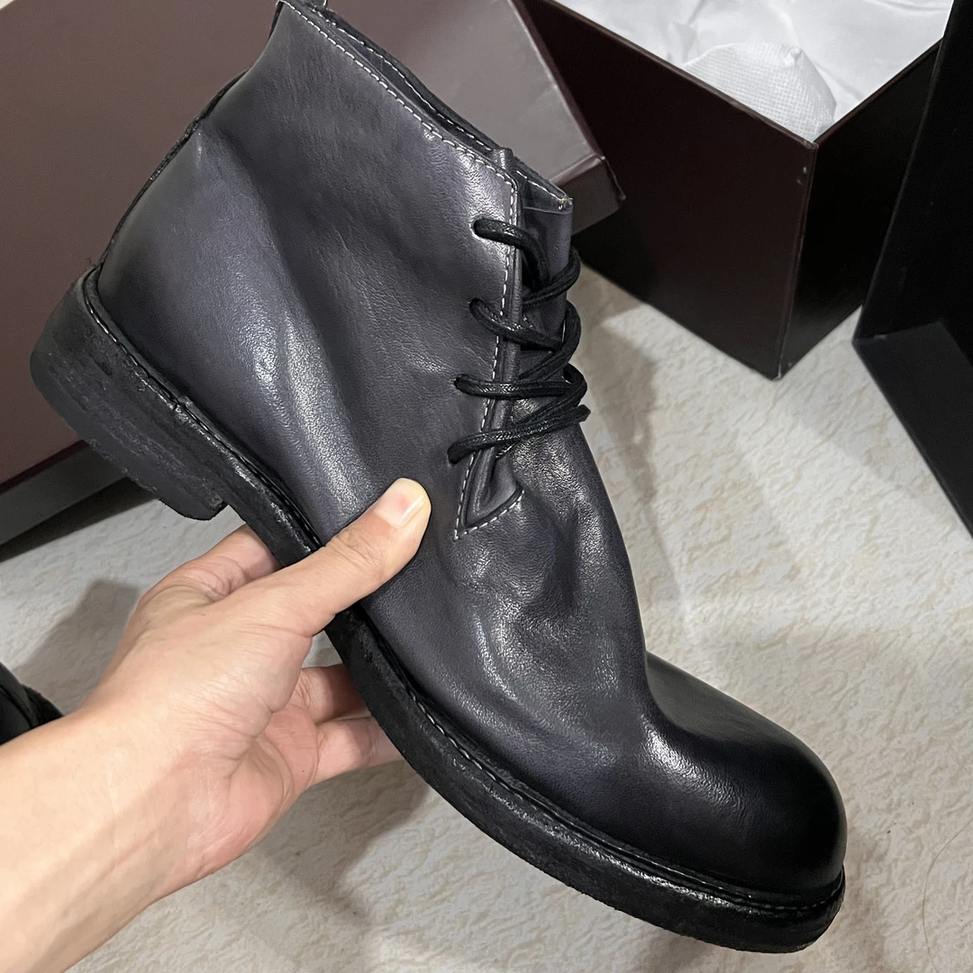 重水洗高端马皮透气美式沙漠靴复古做旧时装靴植鞣皮素面系带真皮