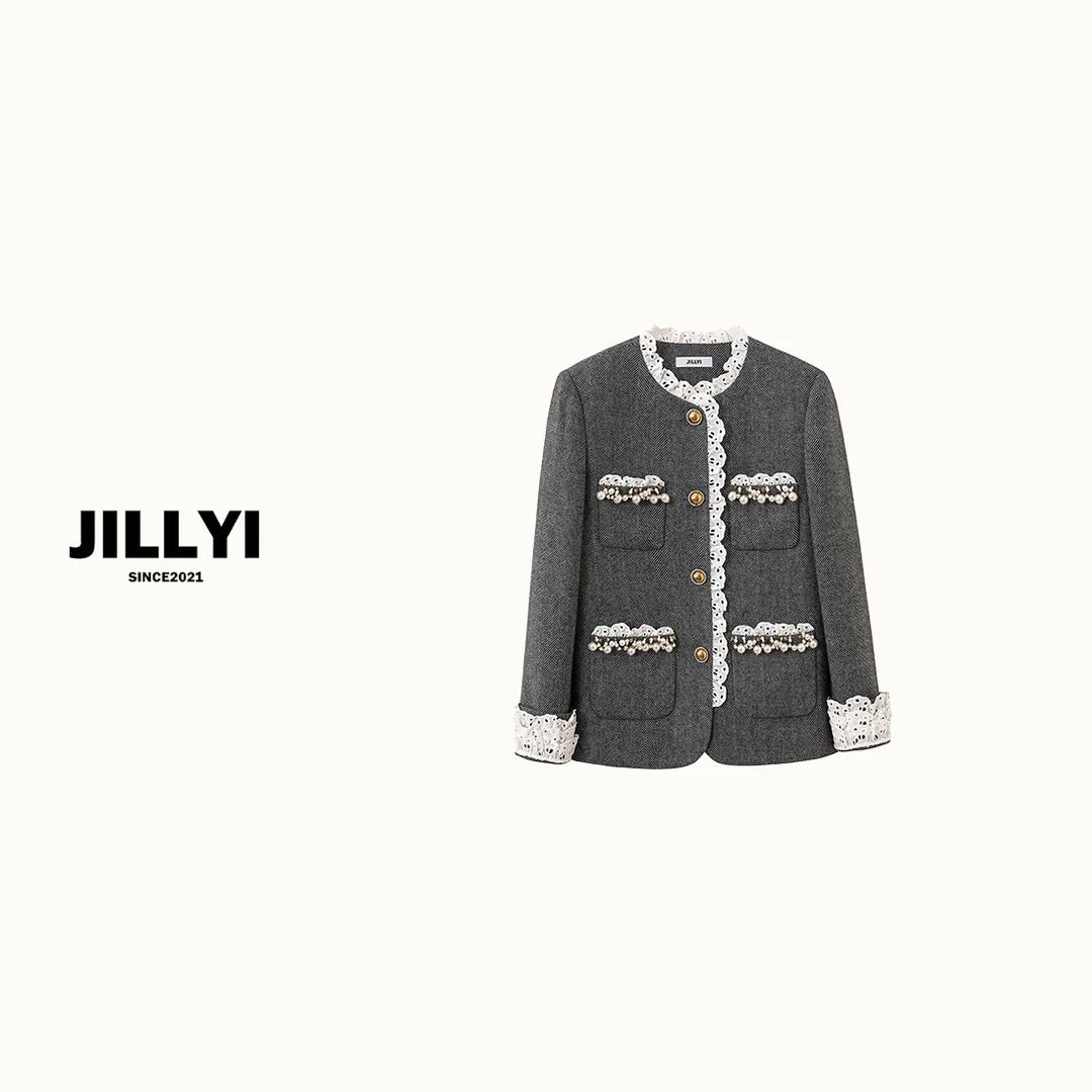 JILLYI珠海店【古堡公主】重磅手工珍珠钻片花瓣边外套复古风情质感