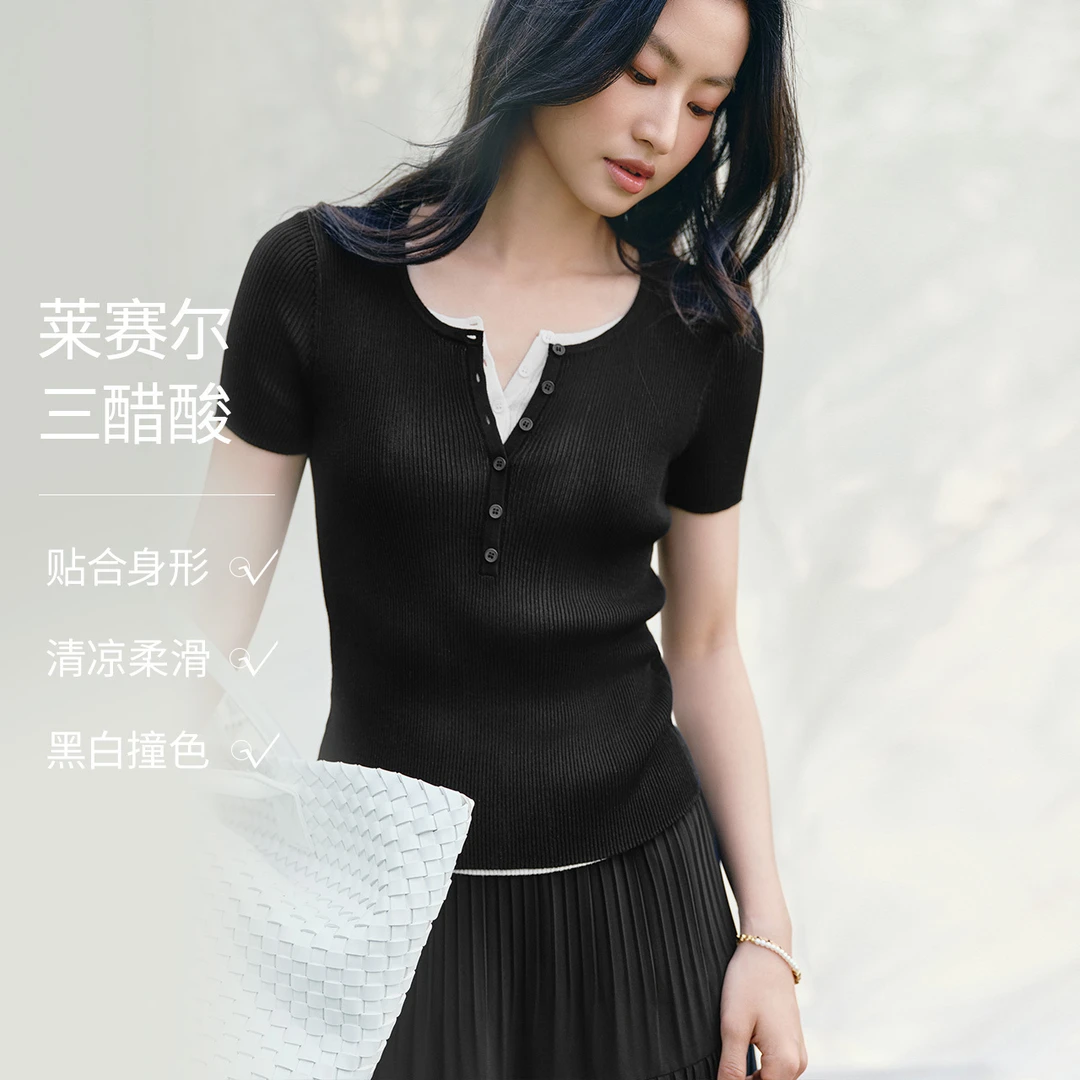 伊芙丽假两件修身显瘦高智针织衫短袖1G5931231