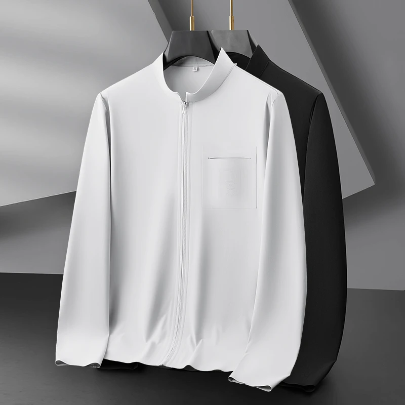 春夏新款商务休闲男士拉链立领夹克纯色百搭抗皱弹力时尚防晒外套