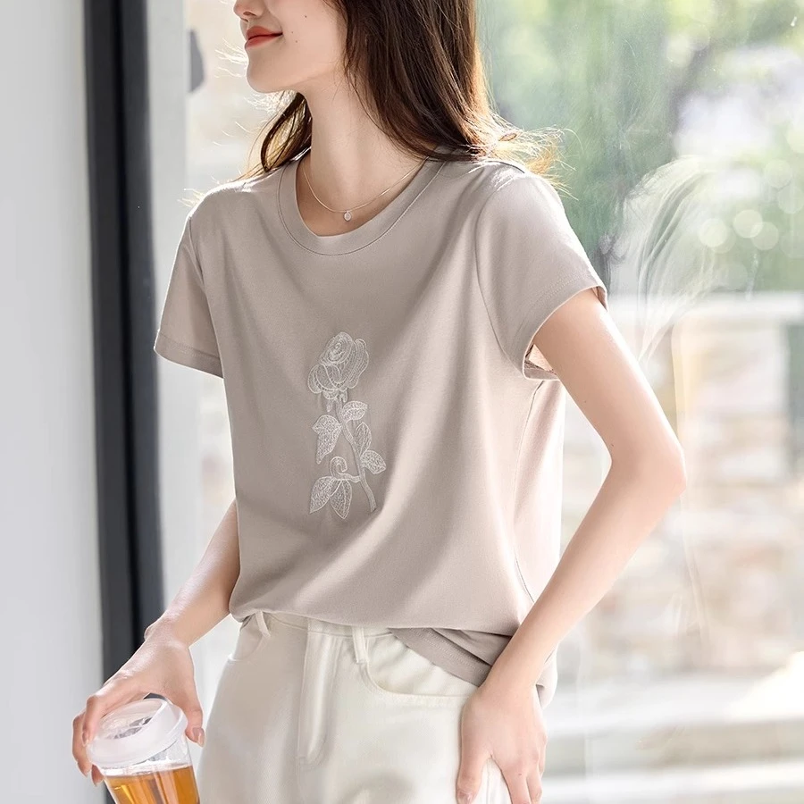 显瘦蕾丝棉布绣设计小盖袖T恤女2025夏季气质优雅短袖上衣