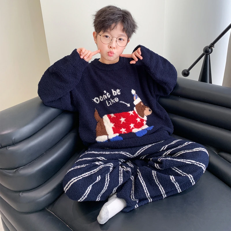 儿童装男童睡衣秋冬款加绒冬季珊瑚绒家居服加厚中大童法兰绒男孩