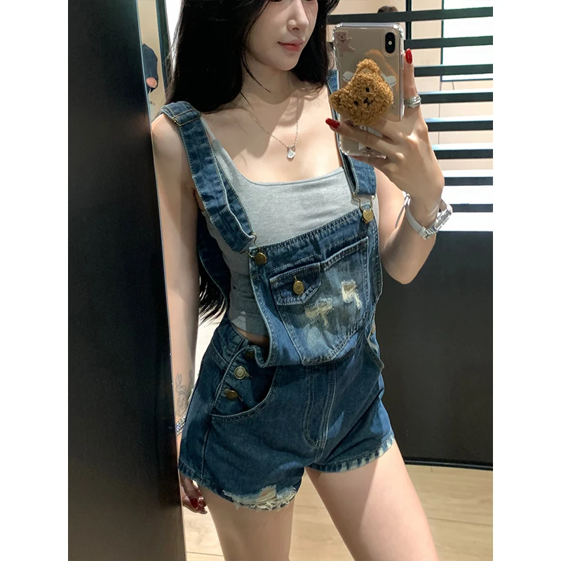 甜辣美式破洞牛仔背带短裤女2025年早秋新款做旧显瘦休闲连体短裤