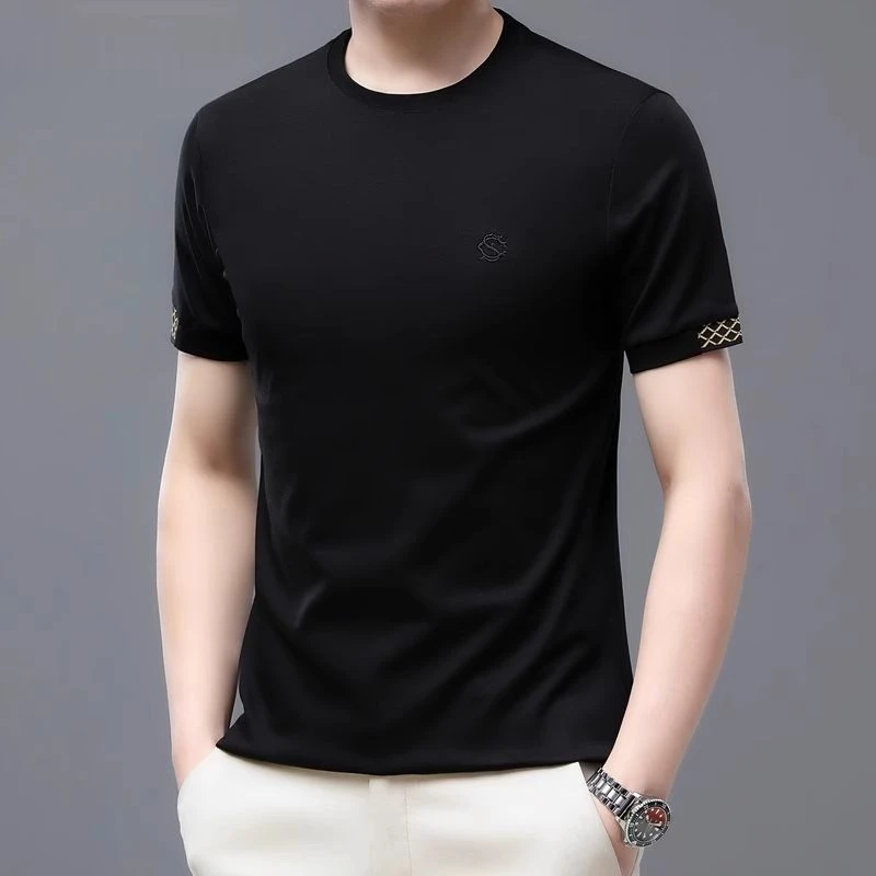 利郎商务休闲短袖t恤男士夏季薄款中年纯棉刺绣圆领百搭打底衫潮