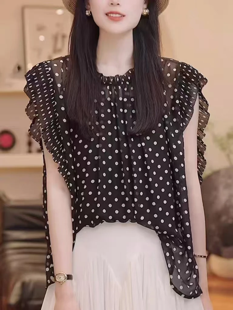 波点蕾丝透气无袖衬衫2025夏新款韩版宽松洋气设计上衣衬衣潮7208