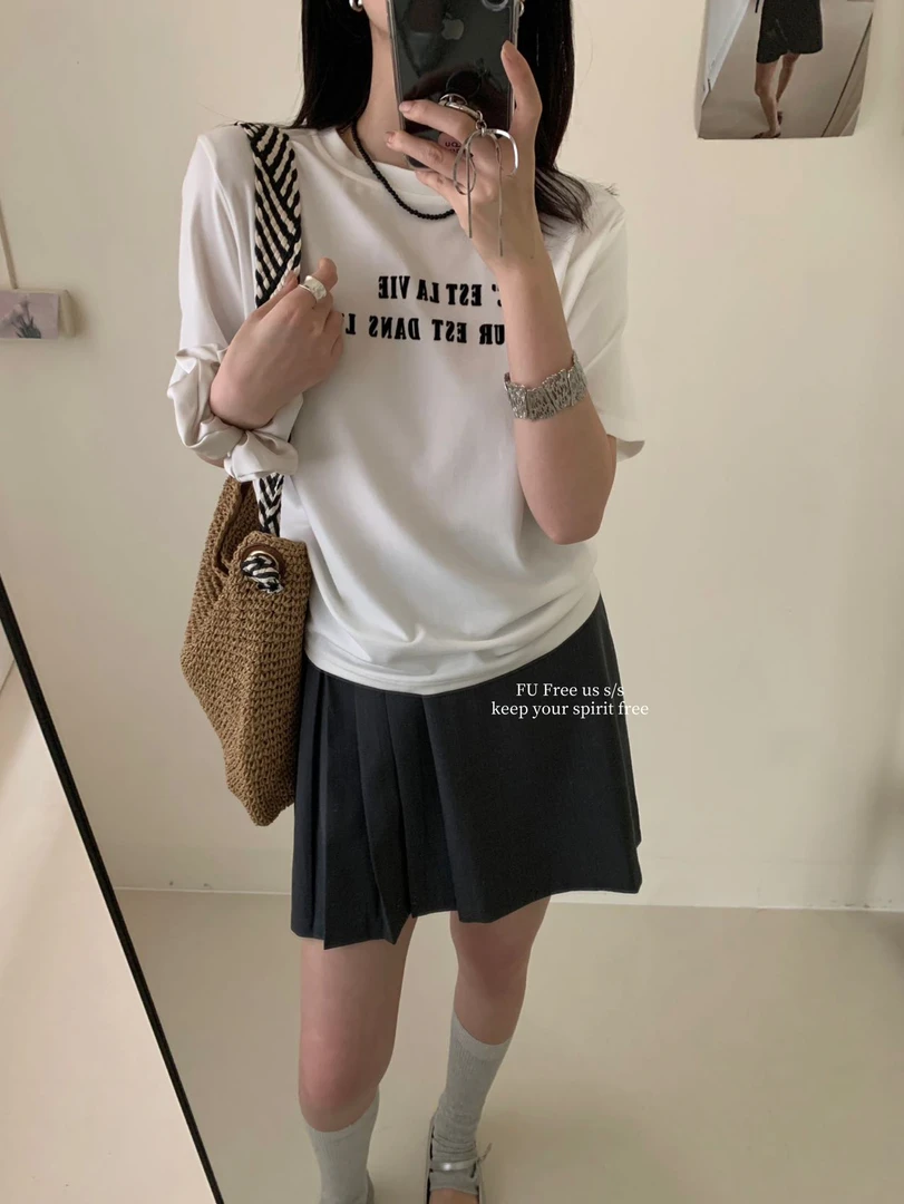 韩系春夏高品质植绒字母T恤A6052