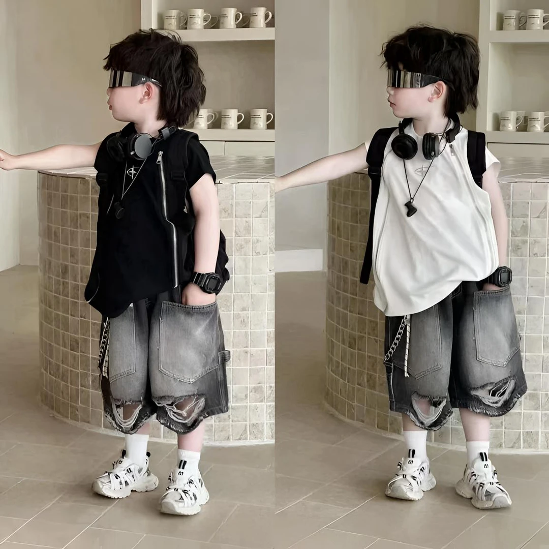 男童套装2025夏季新款韩版儿童洋气无袖背心破洞牛仔裤两件套潮酷