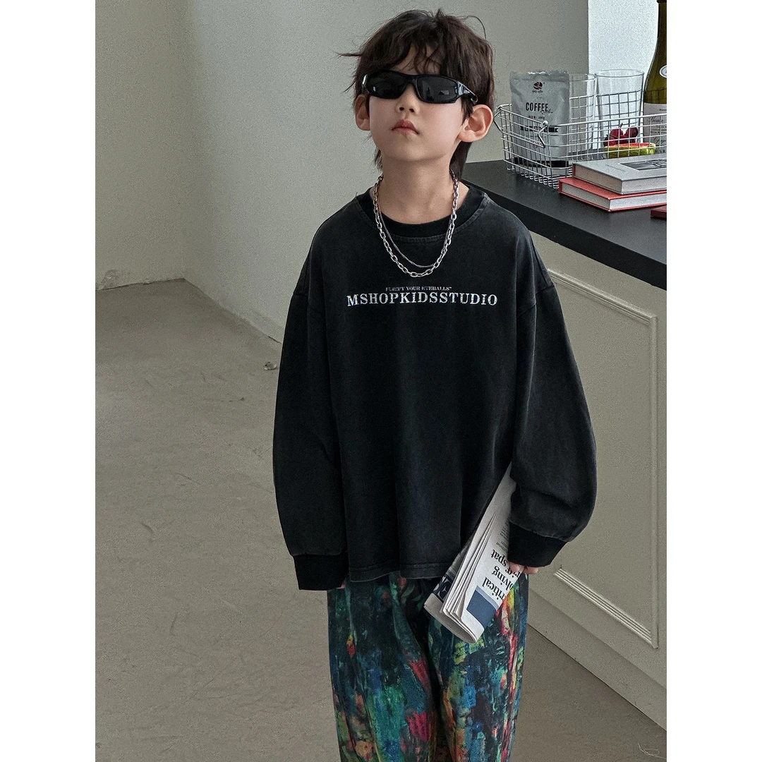 in 爱:mp25秋季男童针织牛仔上衣韩版儿童复古炒色做旧T恤5562