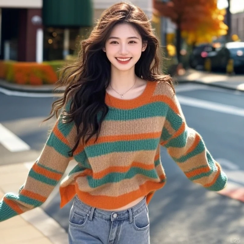 韩版撞色条纹慵懒风毛衣女2025秋冬新款设计感气质显瘦针织衫上衣