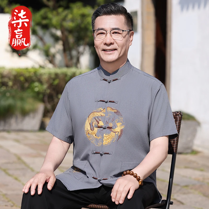 夏季薄款唐装男中老年短袖衬衫爸爸装中式汉服老年人太极服爷爷装