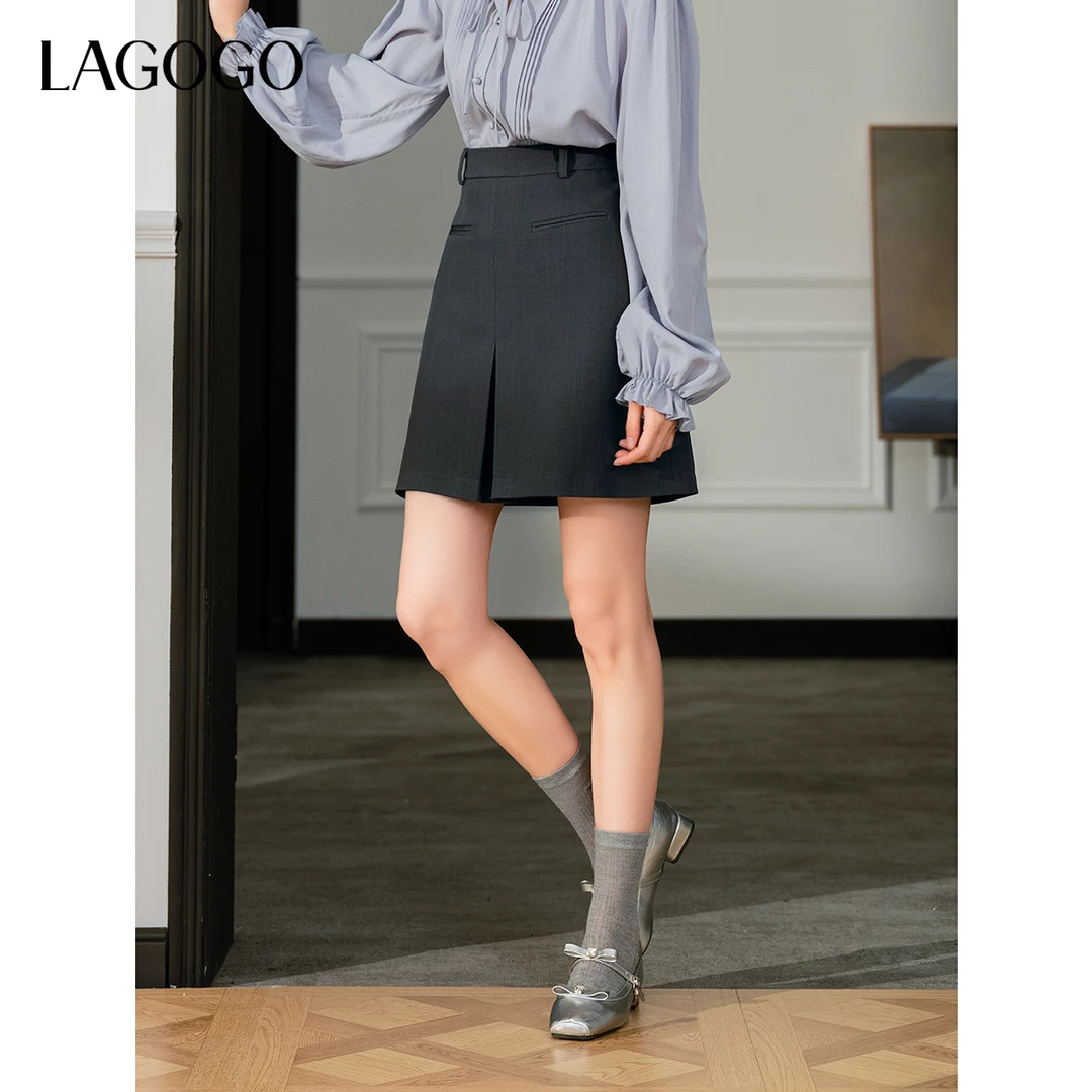 LAGOGO格雷灰高智设计半身裙拉谷谷2025春季新款A字裙OABB131G14