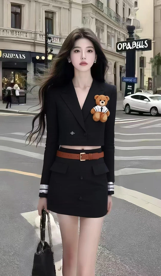 轻奢时尚高端气质休闲穿搭黑色V领修身长袖上衣+黑色包臀半身裙女