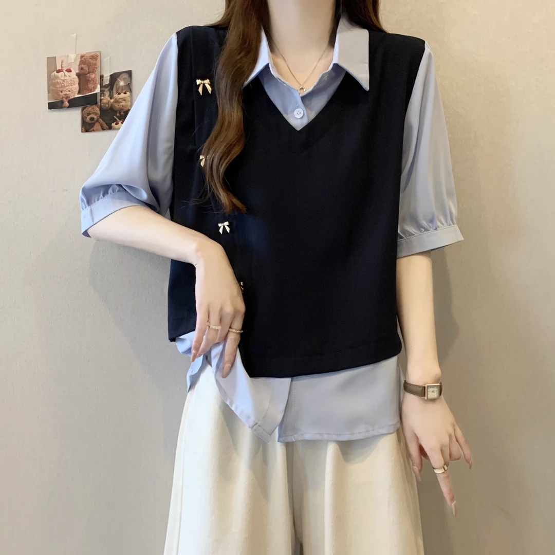 大码女装假两件学院风马甲拼接短袖衬衫女胖MM显瘦遮肉设计感上衣