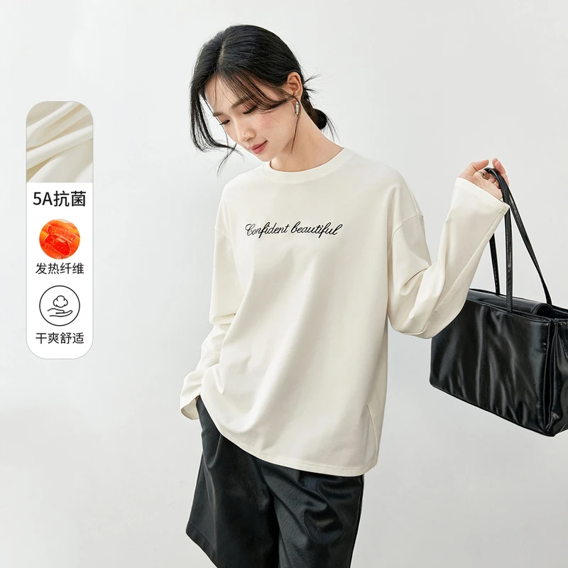 舒适休闲气质前胸字母绣花衣5A抗菌腈纶发热纤维棉质T恤56819