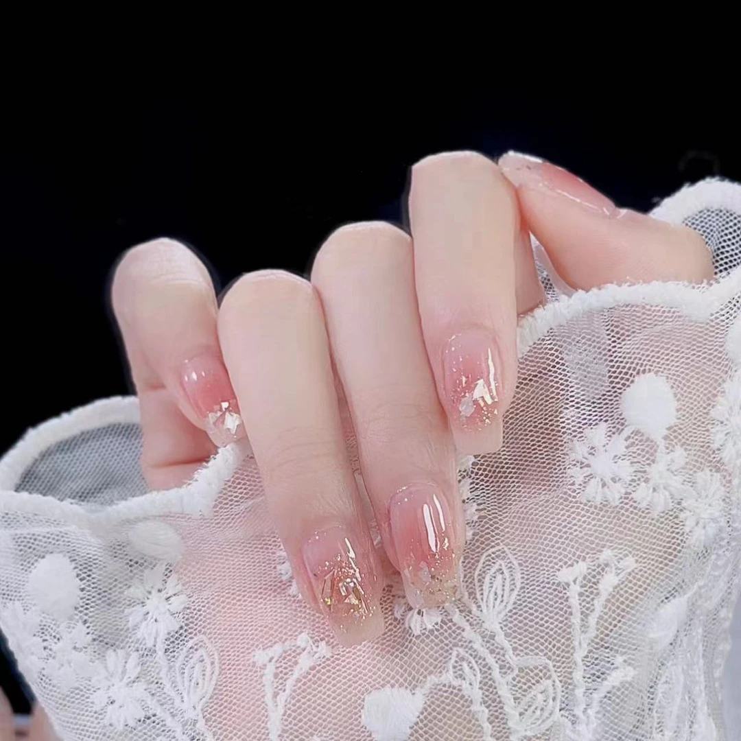 【柔情似水】裸色系碎钻爆闪裸透渐变简约高级穿戴甲可拆卸