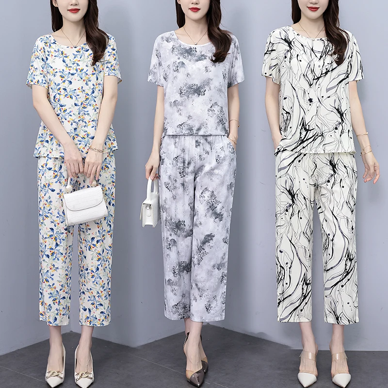 今年流行妈妈睡衣棉绸套装女夏装短袖9分裤时尚人造棉家居服外穿