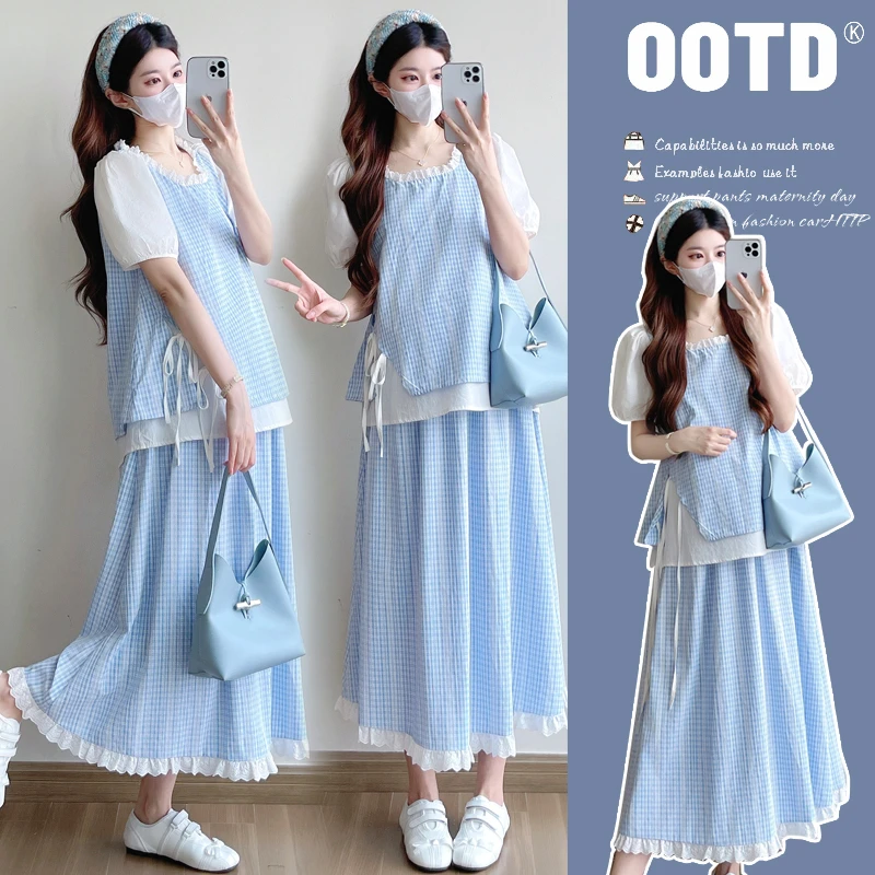 2025夏季新款孕妇装格子提花假两件上衣+猪鼻扣半身裙两件套显瘦