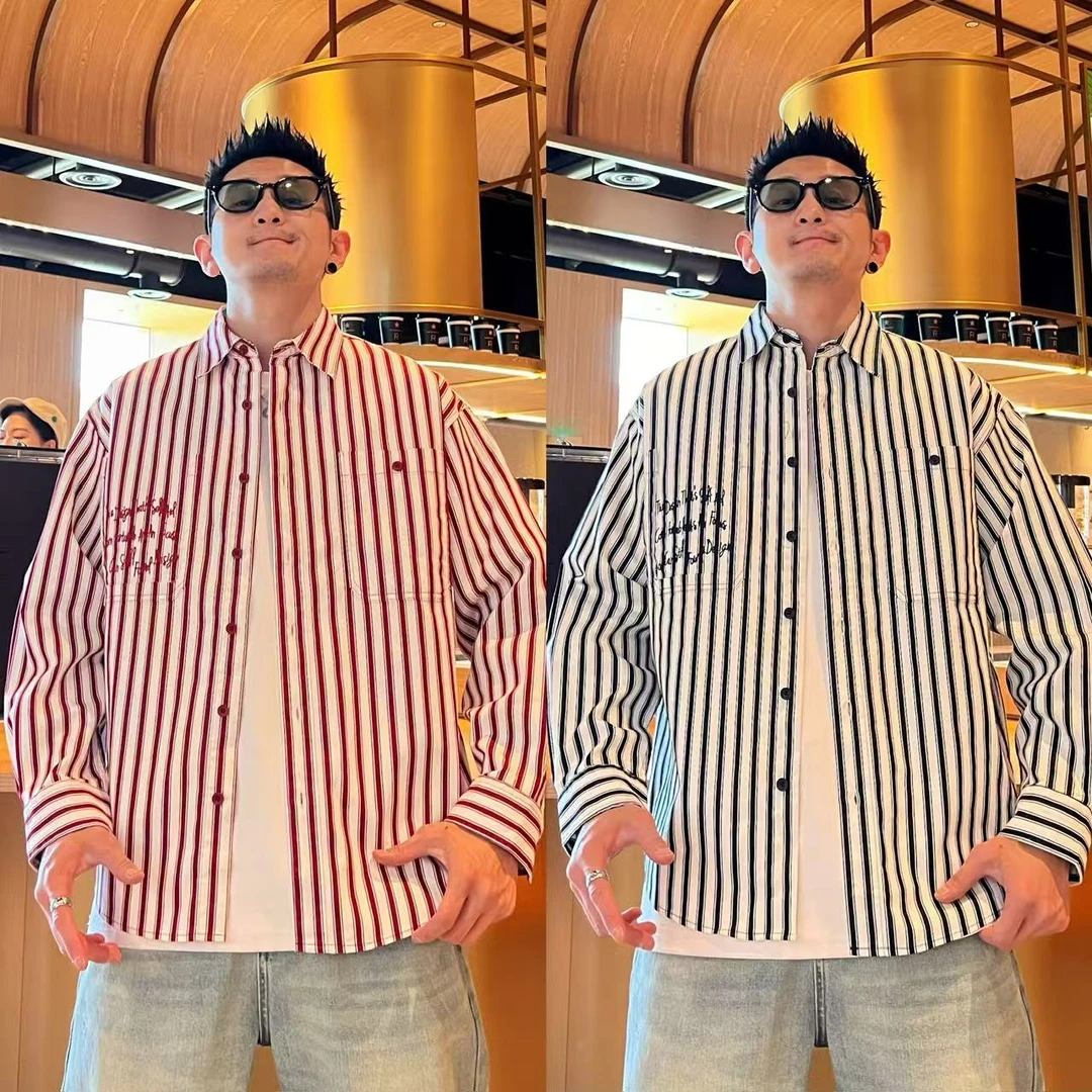 经典撞色条纹刺绣字母高级感慵懒风情侣同款休闲时尚衬衫外套