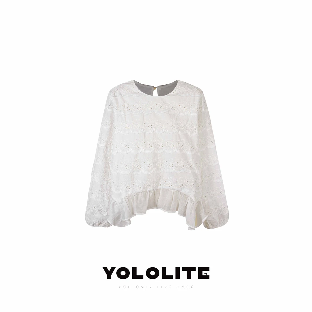 YOLOLITE【织梦】2649褶皱纹理长袖小衫蕾丝圆领上衣蕾丝衫