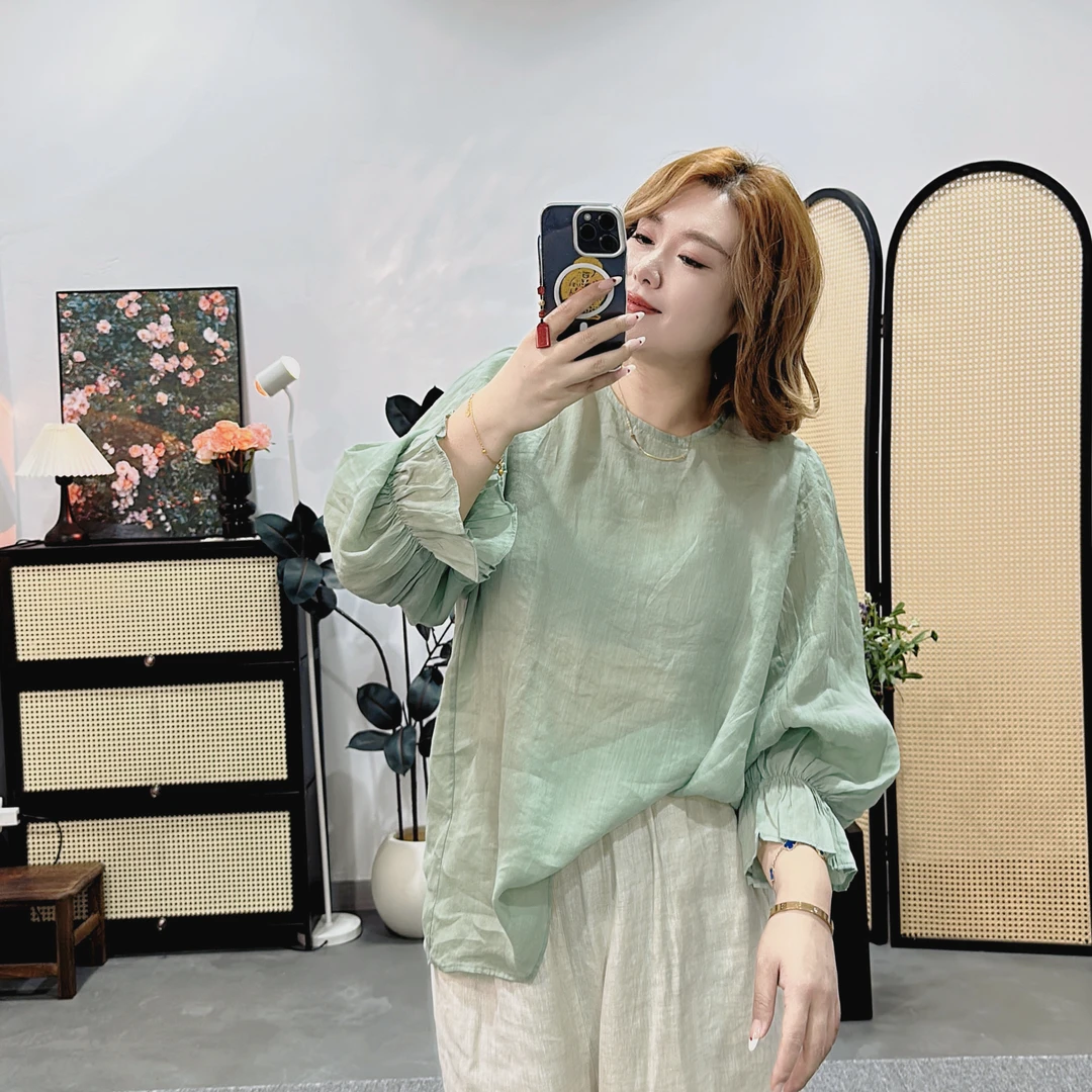 【程雅大码】新款长袖荷叶袖圆领苎麻夏季文艺宽松百搭休闲长袖上衣