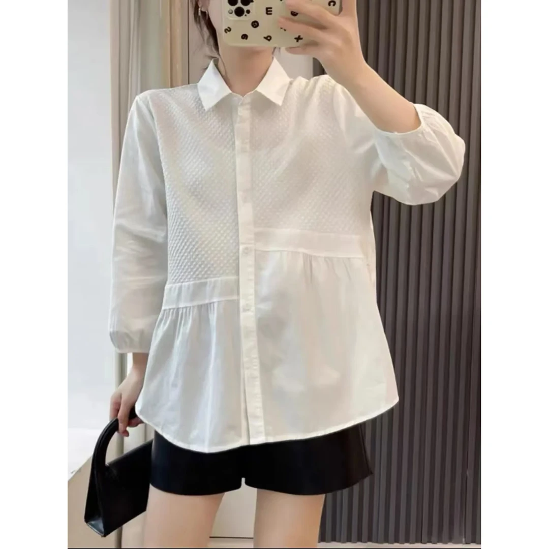 【小曹大码】衬衣女七分袖上衣衬衫设计感洋气质打底衫-QGQY5108