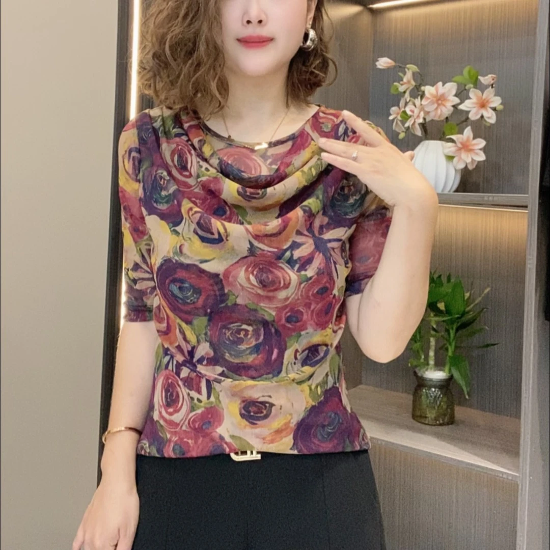 中袖新款玫瑰花印花堆堆领设计休闲小衫高档洋气妈妈装时尚半袖