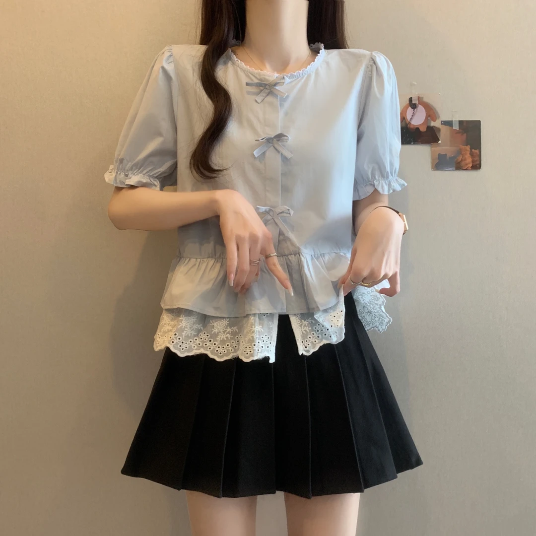 2025夏新款韩系蕾丝衬衫女圆领短款上衣蝴蝶结设计感百搭女装8211
