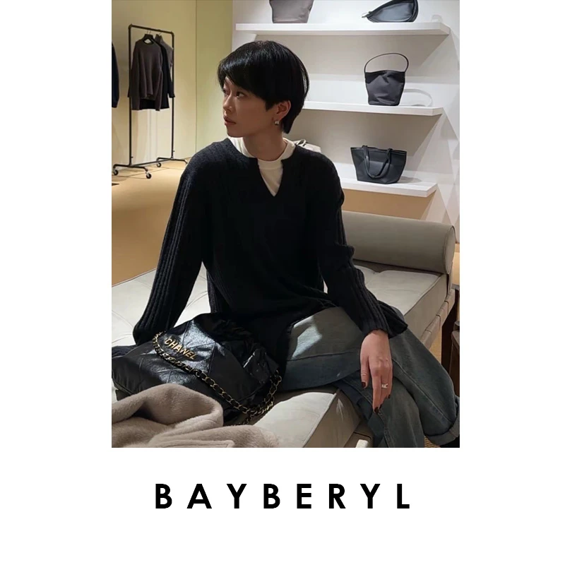 CC12-BAYBERYL老贝静享套*坑条剪刀领气质松弛秋针织衫ZZS5I2610