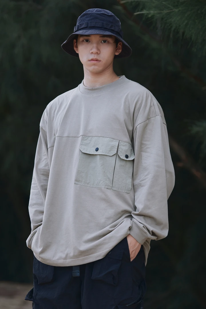 B1101 国潮原创小领口圆领工装口袋男女宽松长袖T恤